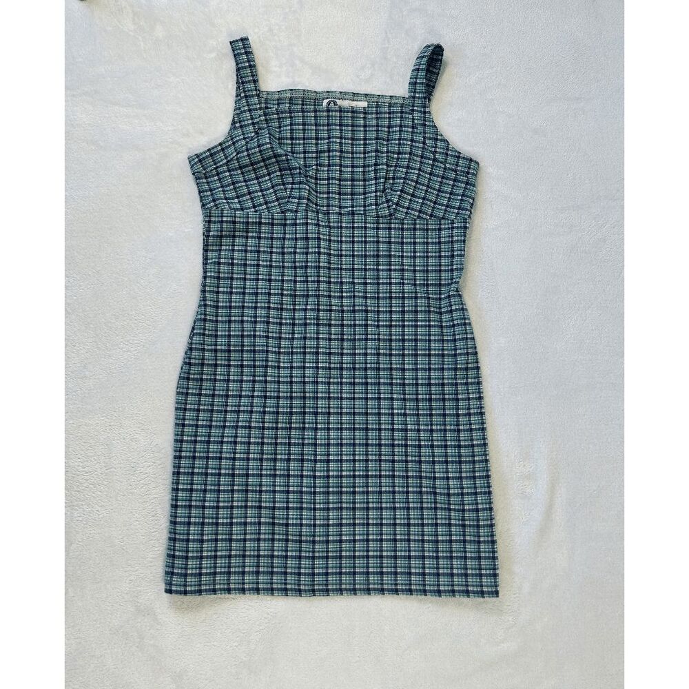 Vintage Arizona Plaid Mini Dress Size 11 Blue/Green Cottagecore 90's Square Neck